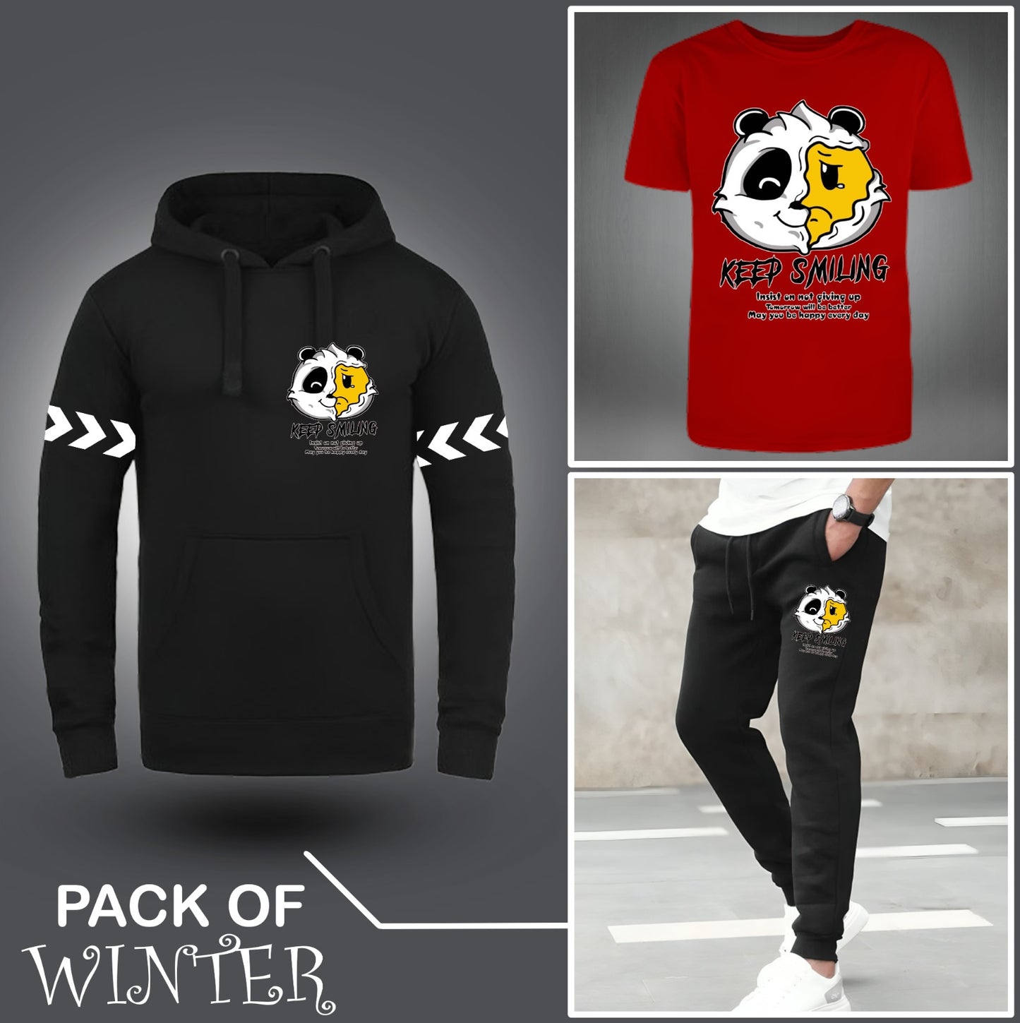 Pack Of Three Keep Smiling Printed Hoodie + Tshirt + Trouser For Mens