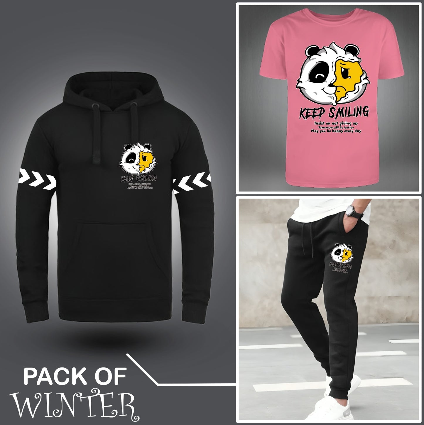 Pack Of Three Keep Smiling Printed Hoodie + Tshirt + Trouser For Mens