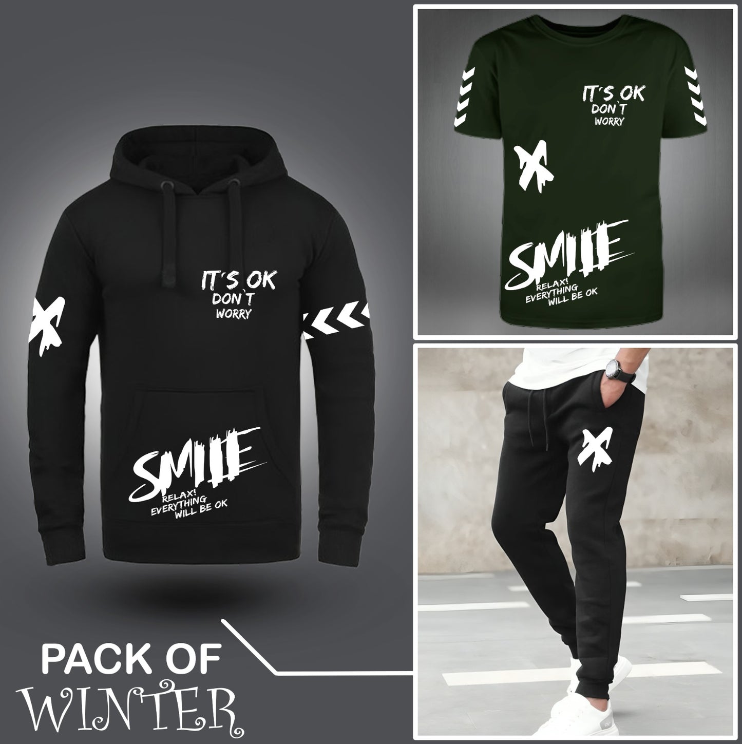 Pack Of Three Smile X Printed Hoodie + Tshirt + Trouser For Mens