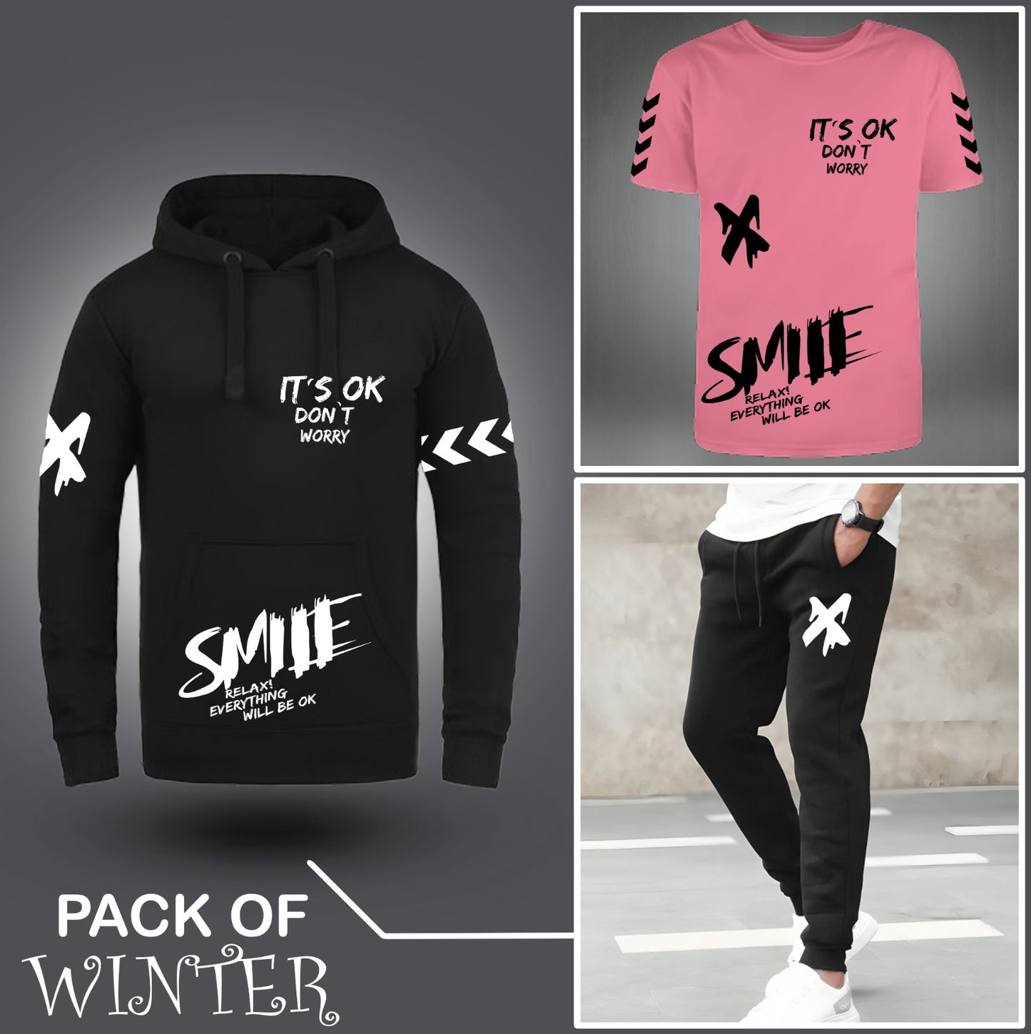 Pack Of Three Smile X Printed Hoodie + Tshirt + Trouser For Mens