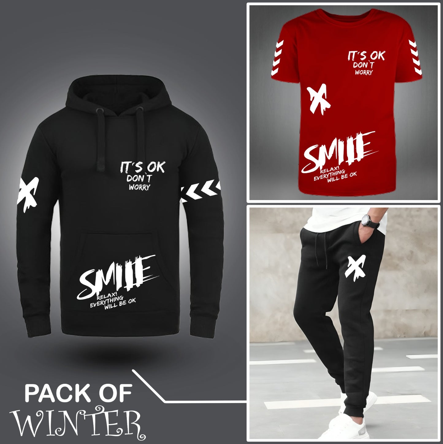 Pack Of Three Smile X Printed Hoodie + Tshirt + Trouser For Mens