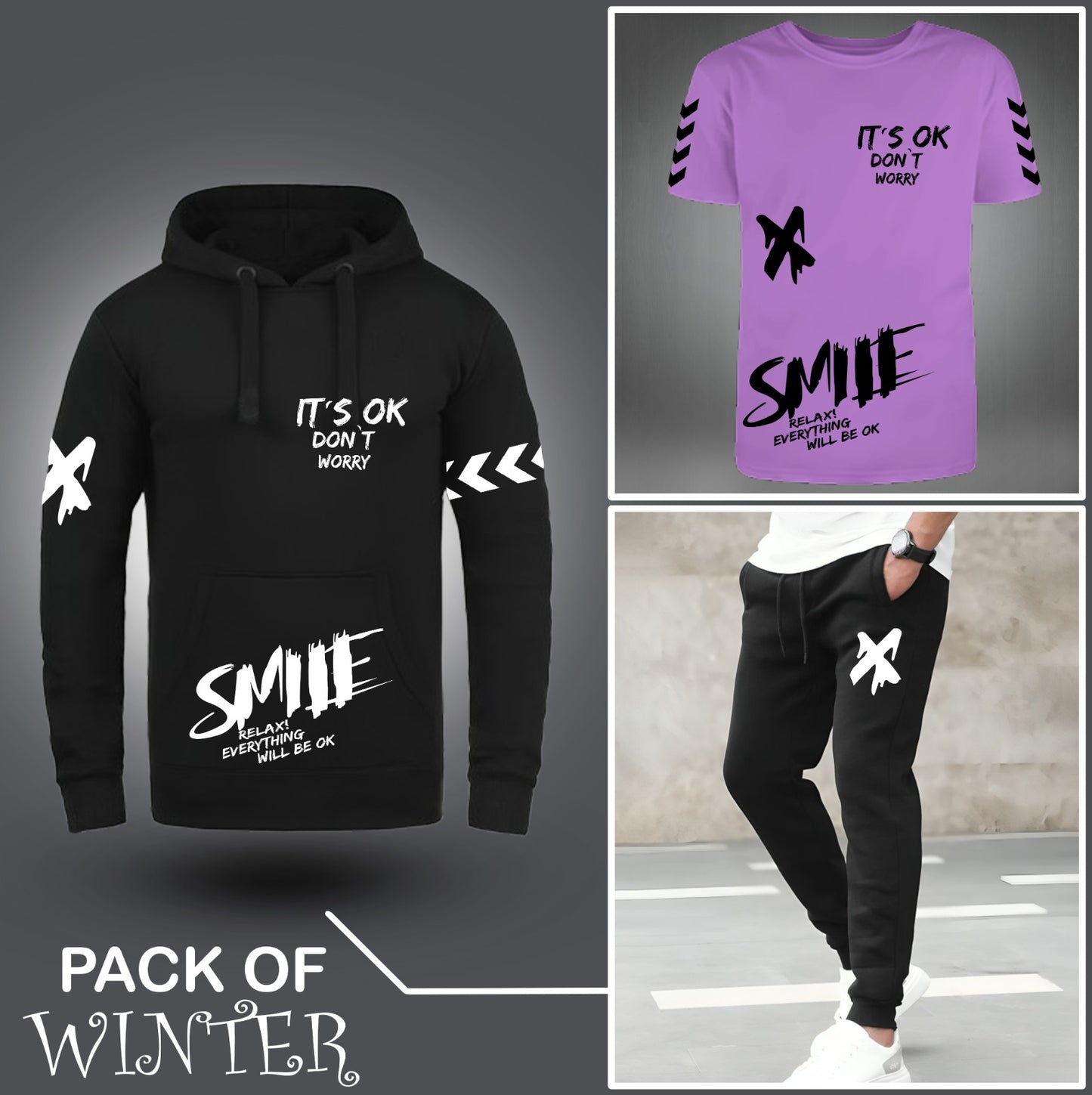 Pack Of Three Smile X Printed Hoodie + Tshirt + Trouser For Mens