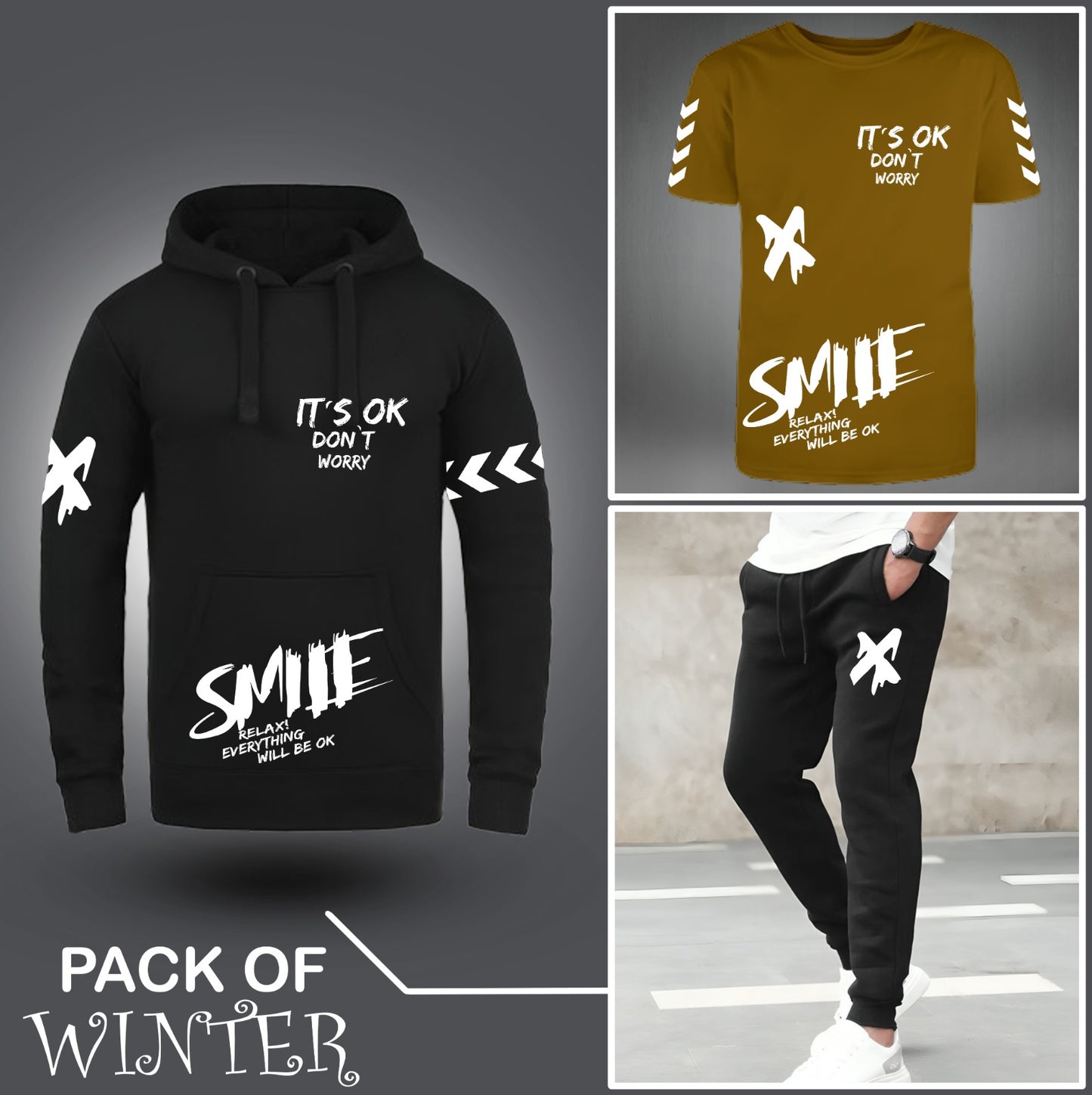 Pack Of Three Smile X Printed Hoodie + Tshirt + Trouser For Mens