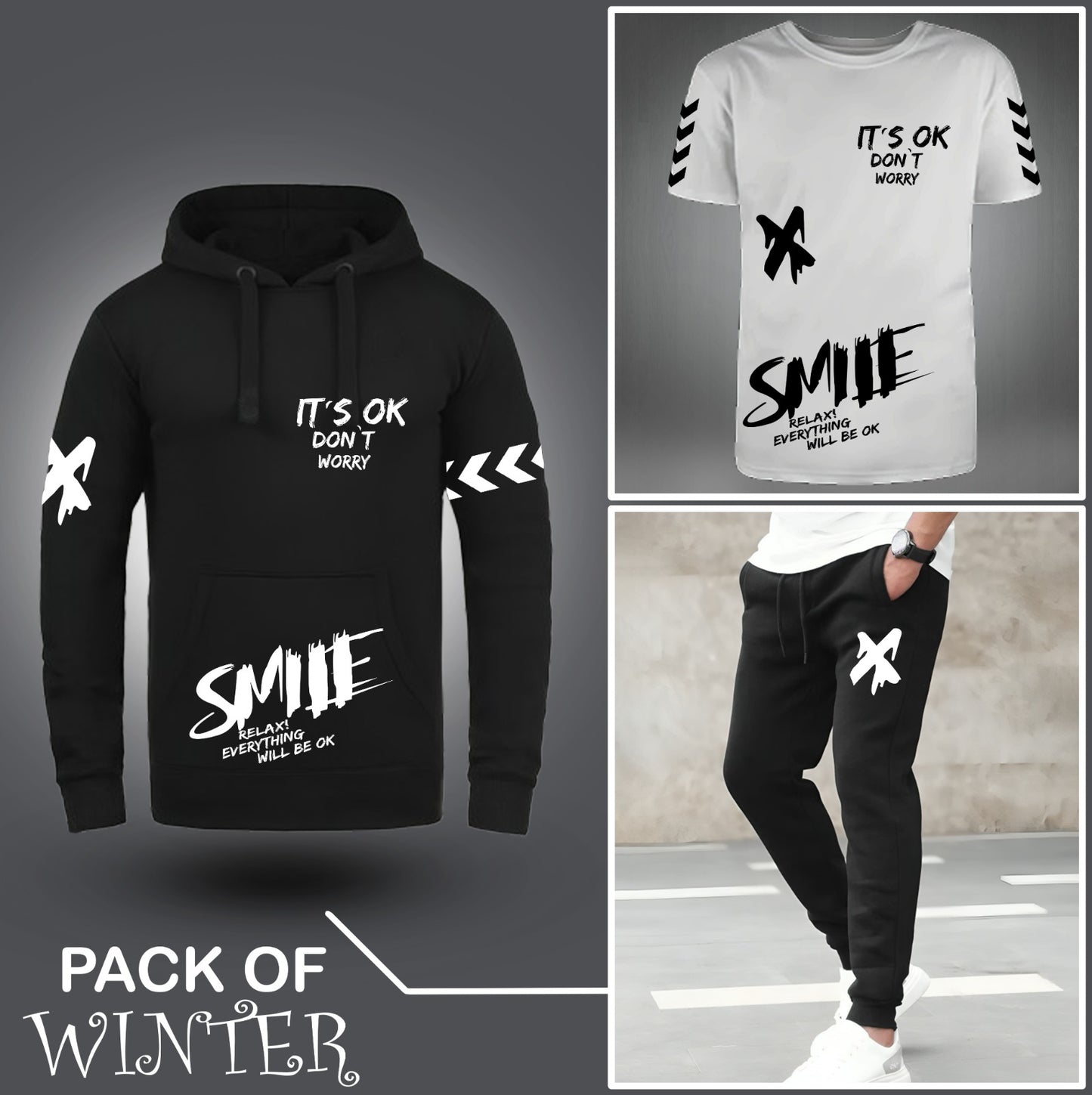 Pack Of Three Smile X Printed Hoodie + Tshirt + Trouser For Mens