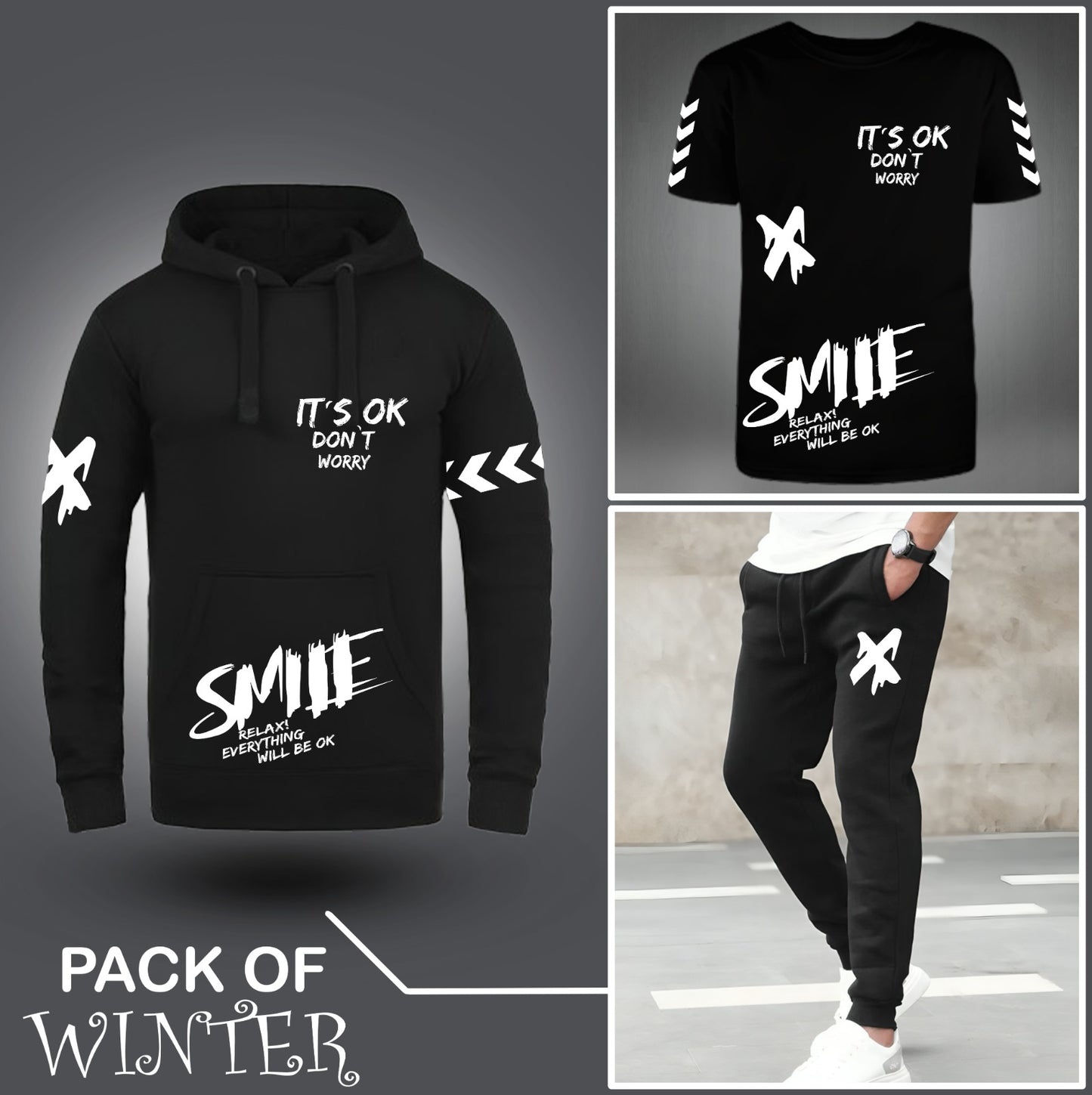 Pack Of Three Smile X Printed Hoodie + Tshirt + Trouser For Mens