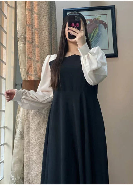 Platted Black Maxi with White Sleeves