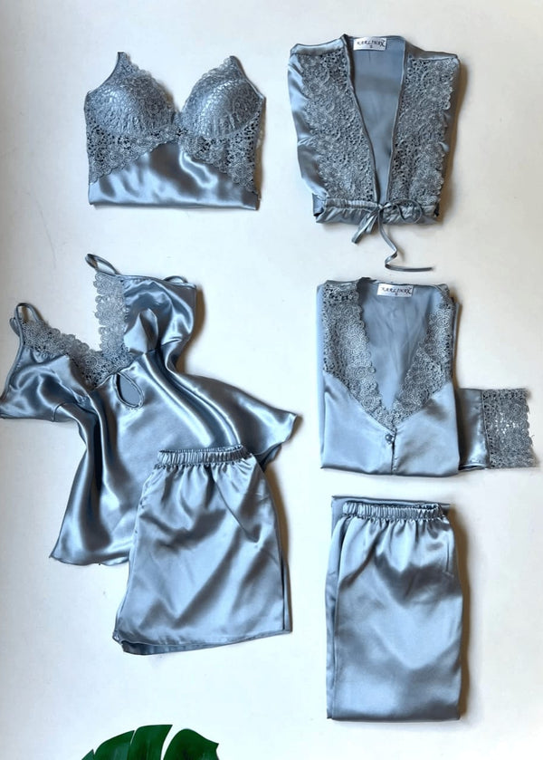 Luxury 6-Piece Satin Silk Nightwear Set – Grey with Lace Detailing