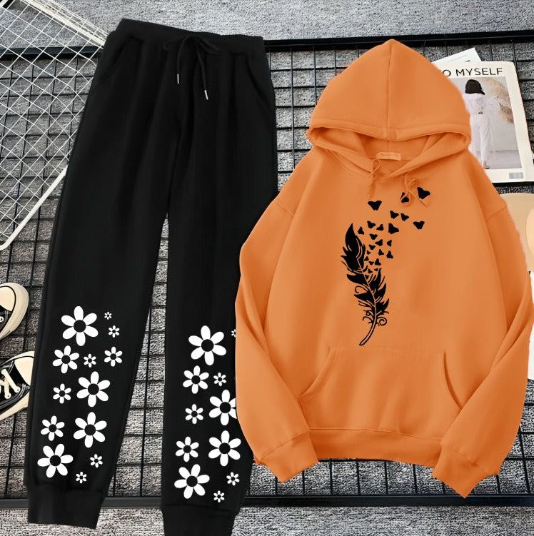 Kangroo Orange Mutiple Prints Hoodie Trouser for Girls & Womens