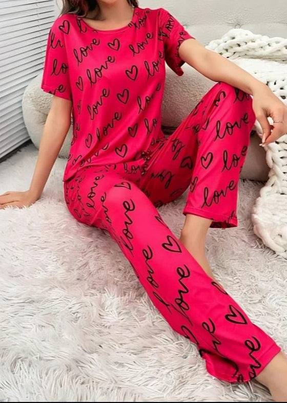 Pink Love Hearts Love Printed Pajama Set