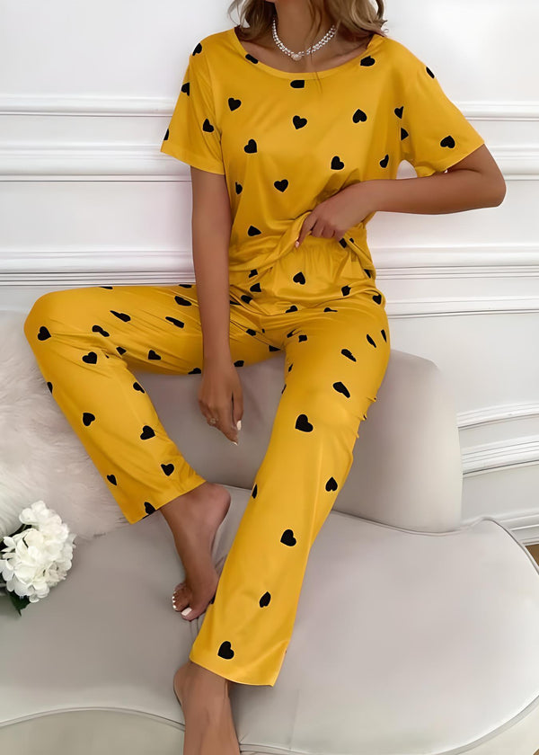 Yellow with Black Heart Printed Women's Pajama Set
