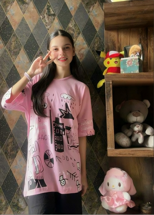 Funky Baby Pink Printed Ladies Nightsuit PJ SET