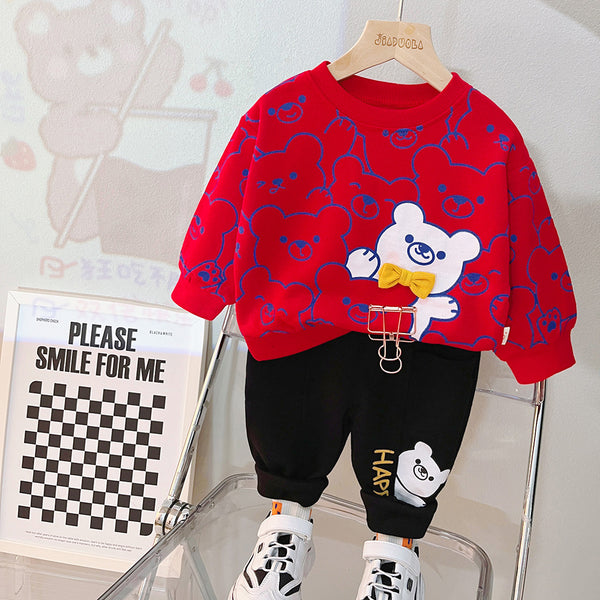 Red & Black Teddy Print Kids Sweatshirt & Pant