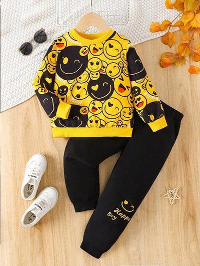 Smiley Print Yellow & Black Winter Tracksuit for Kids