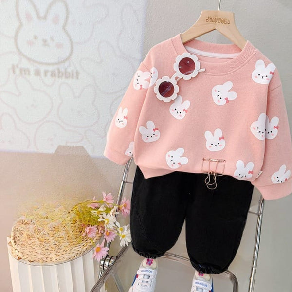 Baby Pink with White kitty Printed Sweatshirt with black trousers Kids track suit