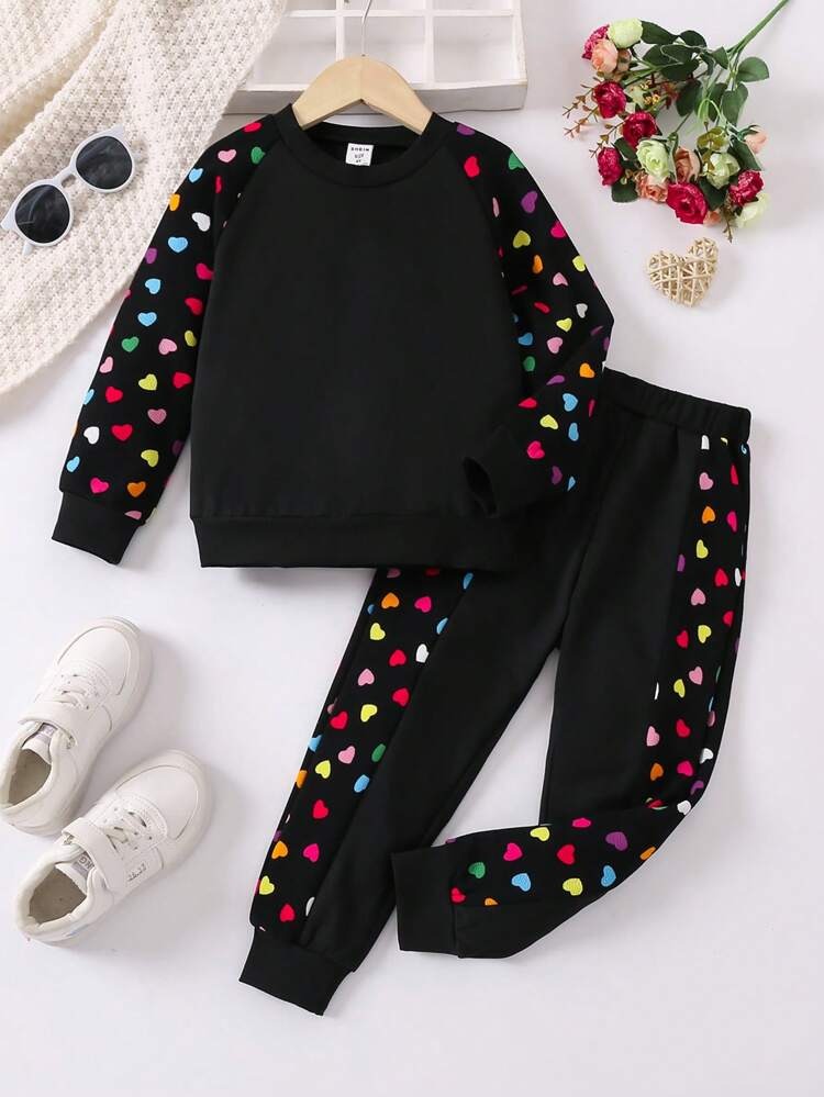Multi Heart Print Black Fleece Sweatshirt & Trouser Set for Kids