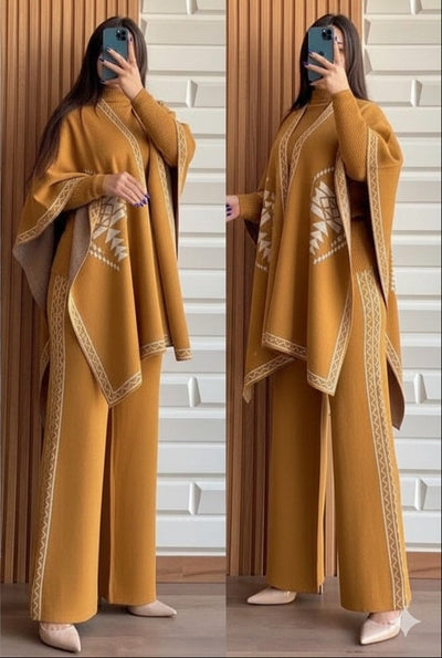 READY TO WEAR WINTER 3 PIECE FLEECE SUIT CAPE SHAWL HIGH NECK & TROUSER