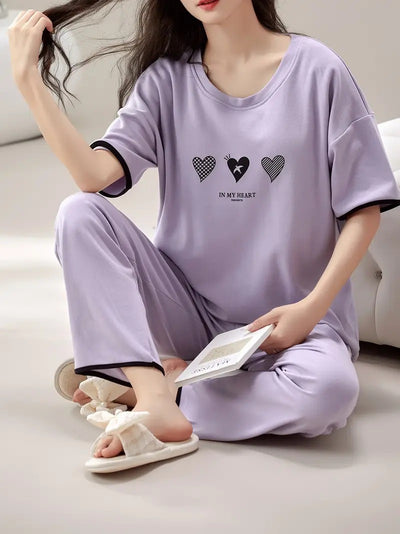 Lilac Lavender Heart Print Soft Pajama Set