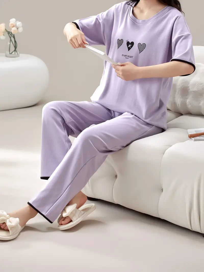 Lilac Lavender Heart Print Soft Pajama Set