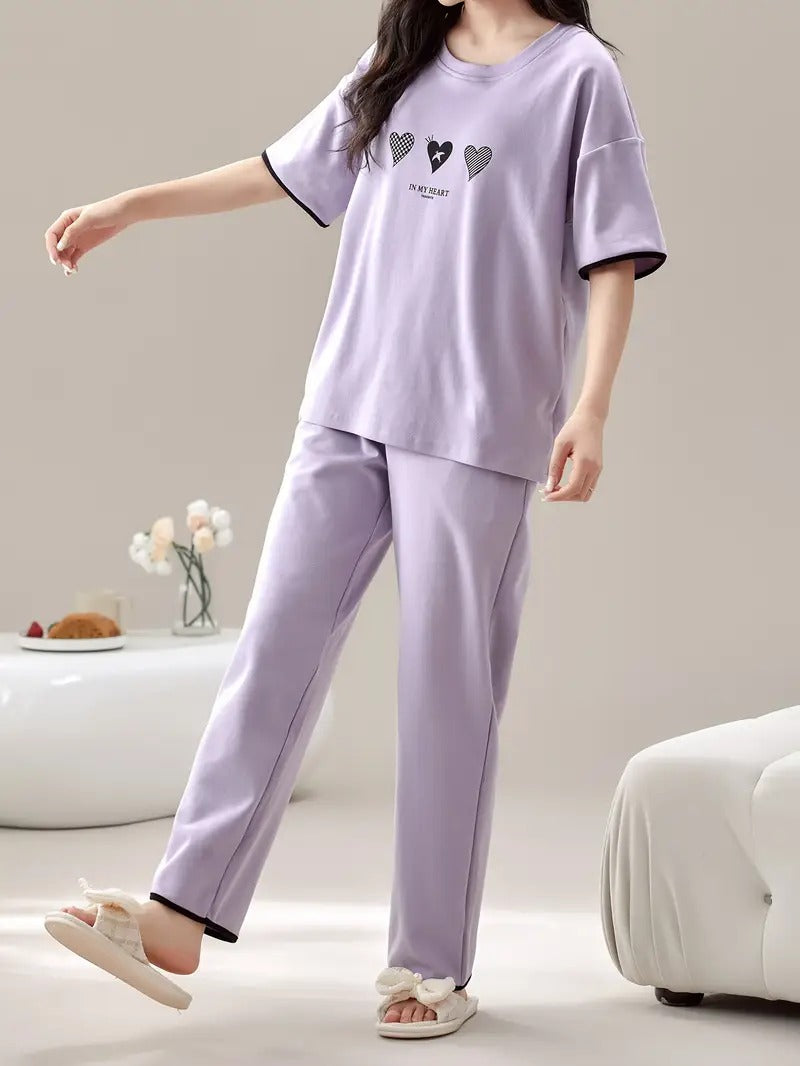 Lilac Lavender Heart Print Soft Pajama Set
