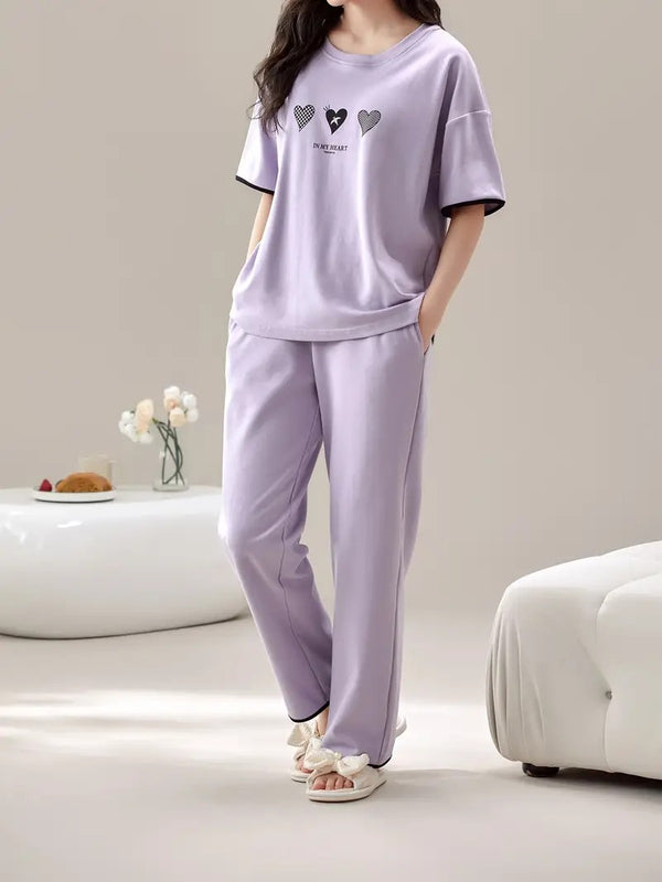 Lilac Lavender Heart Print Soft Pajama Set