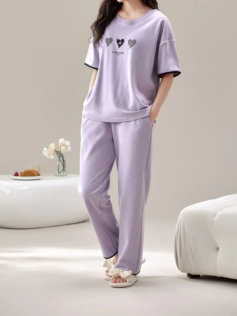 Lilac Lavender Heart Print Soft Pajama Set
