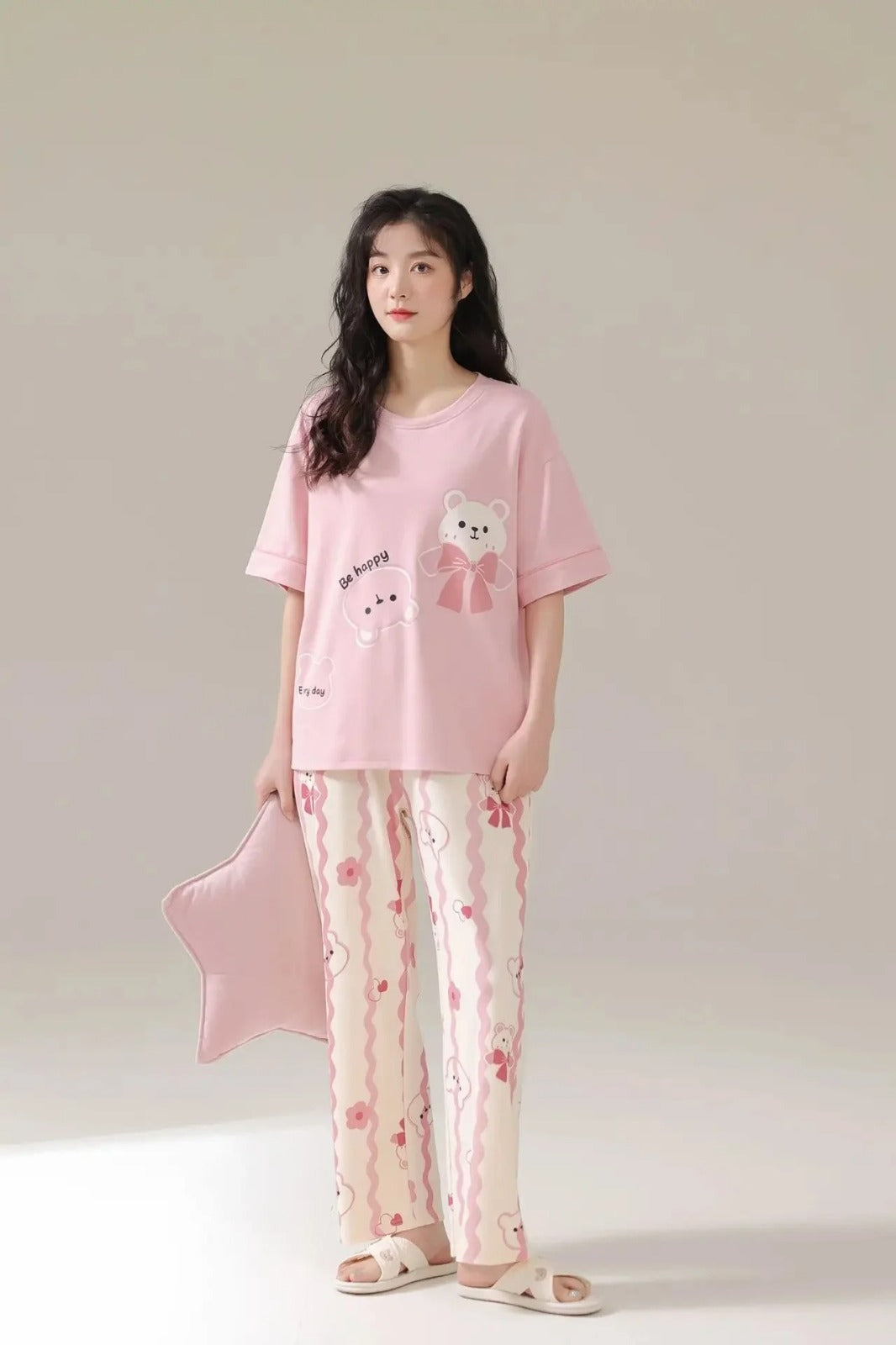 Be Happy Pink Bear Printed Pj Sets
