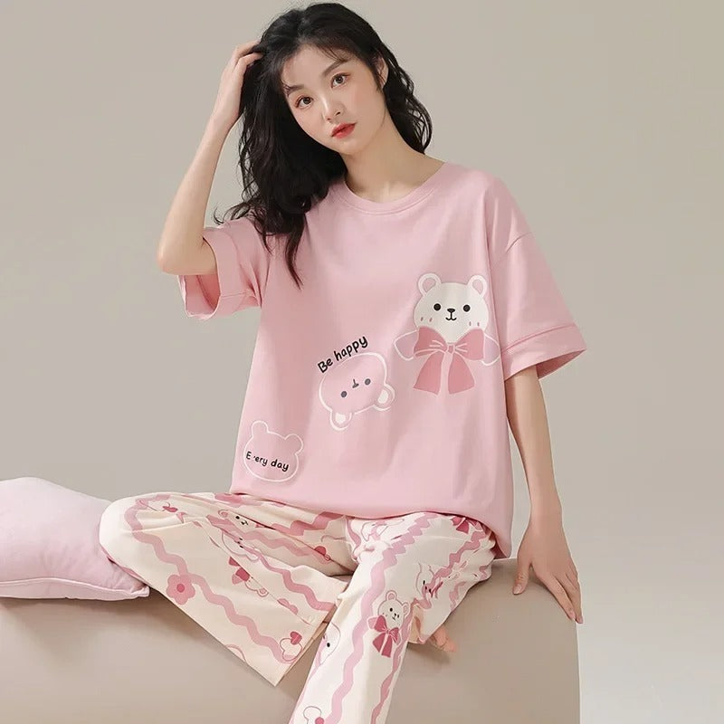 Be Happy Pink Bear Printed Pj Sets