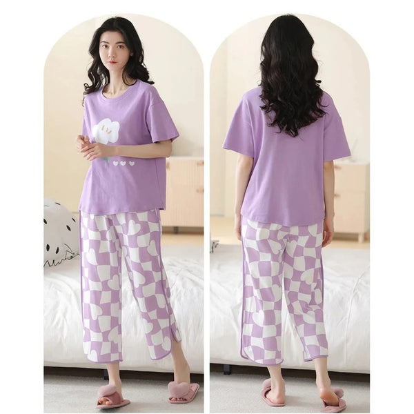Lilac Flower & Hearts with White Square Printed PJ Set