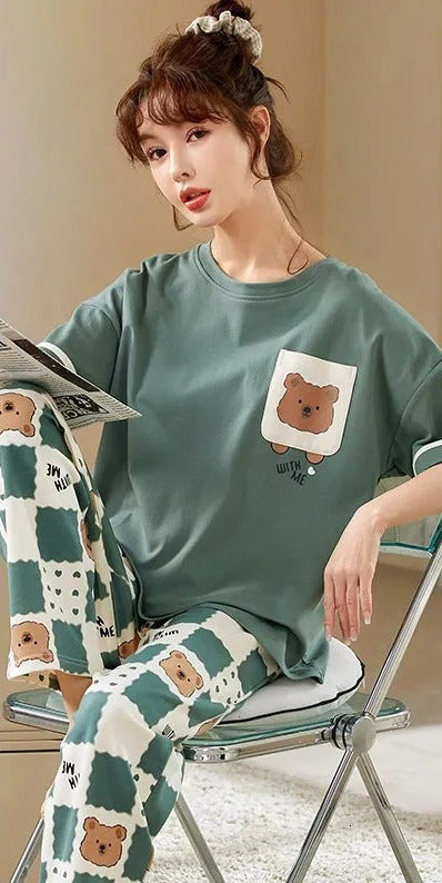 Sage Green Bear Printed PJ Set