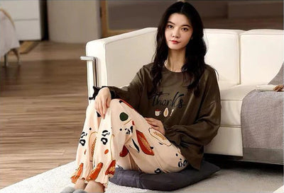 Brown Thanks Printed Full Sleeves PJ Suits