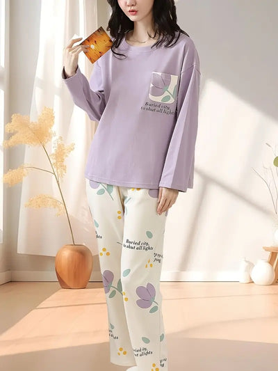 Lilac Flower Pocket Printed Full Sleeves Printed Pajama Sets