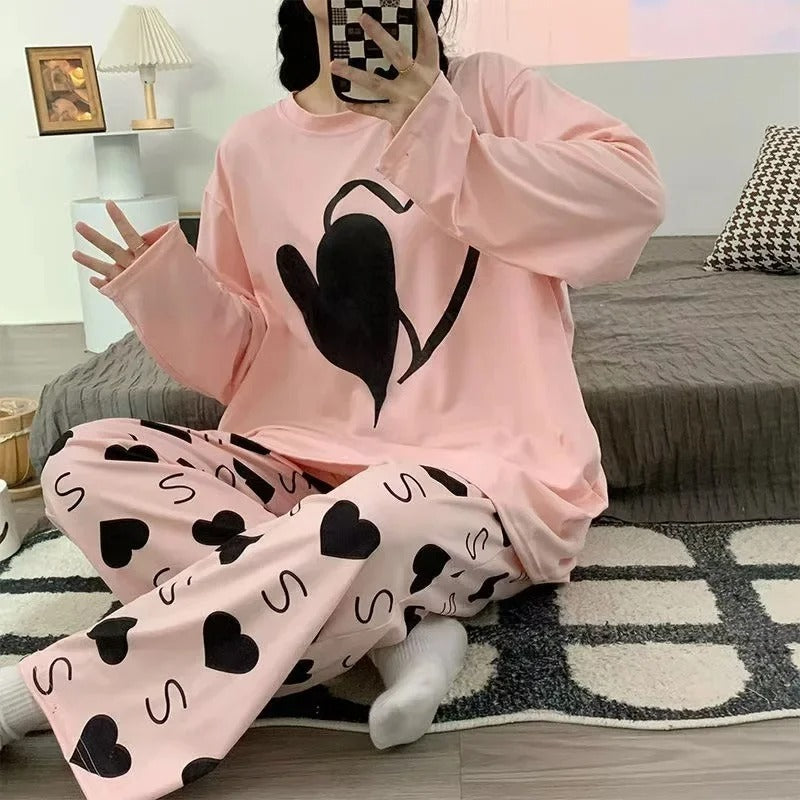 Pink Dual Heart Priinted Full Sleeves The Ultimate Dream Wear Sleep Suit