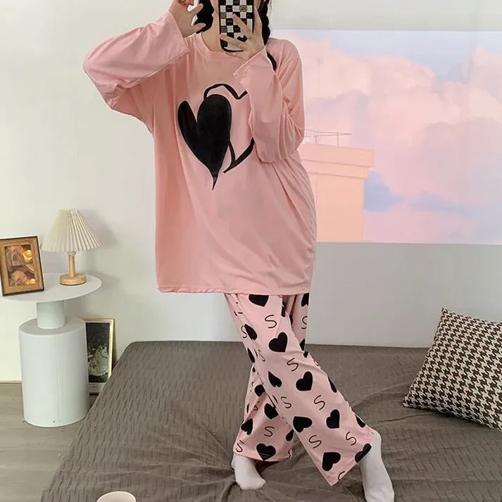 Pink Dual Heart Priinted Full Sleeves The Ultimate Dream Wear Sleep Suit