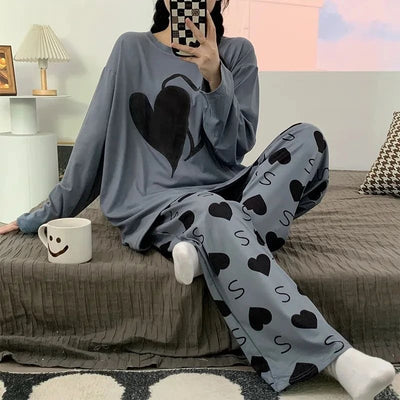 Grey Dual Heart Priinted Full Sleeves The Ultimate Dream Wear Sleep Suit