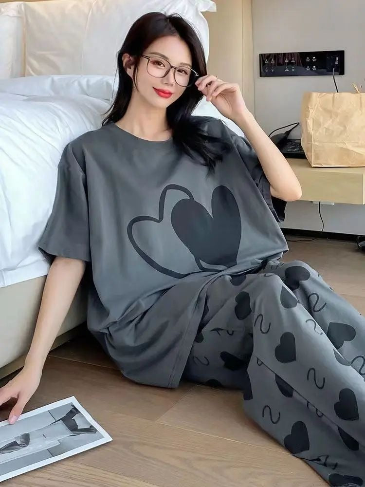 Grey Dual Heart Priinted Full Sleeves The Ultimate Dream Wear Sleep Suit