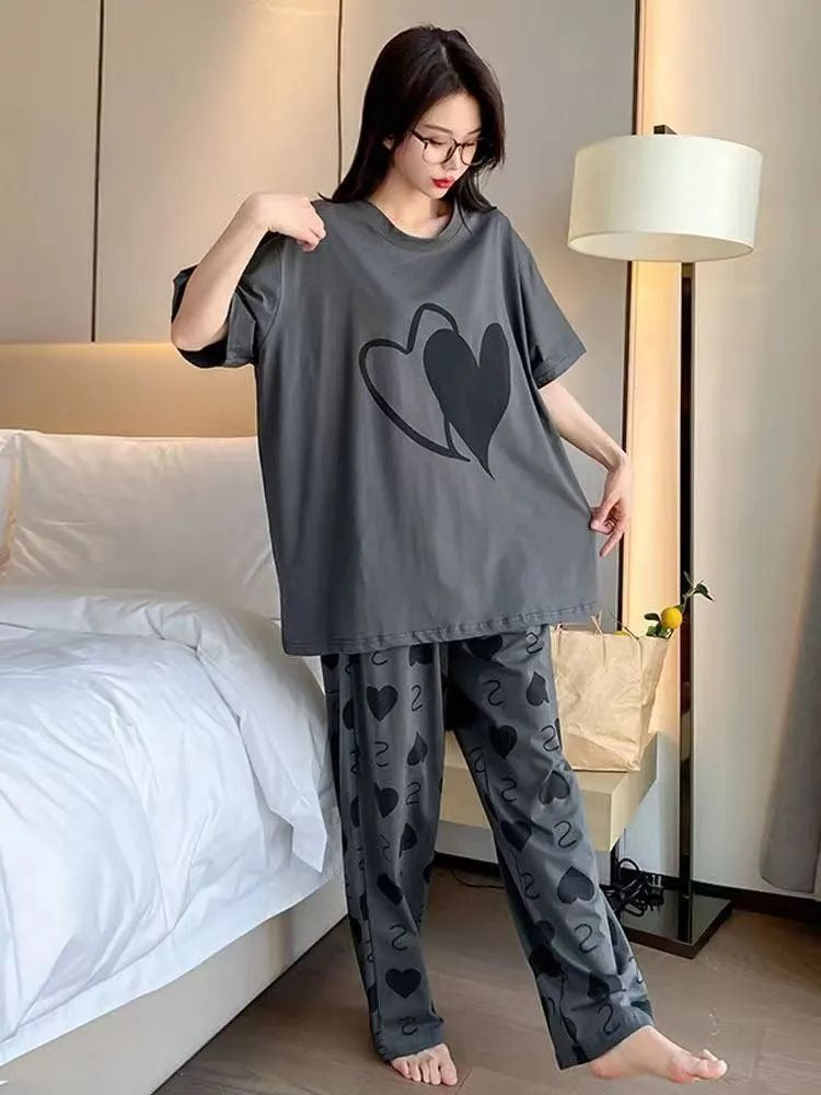Grey Dual Heart Priinted Full Sleeves The Ultimate Dream Wear Sleep Suit