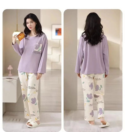 Lilac Flower Pocket Printed Full Sleeves Printed Pajama Sets