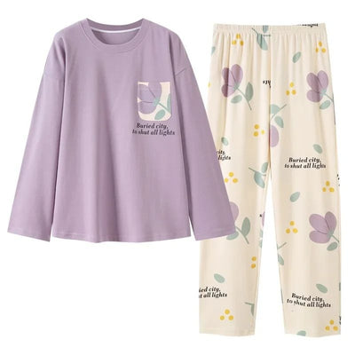 Lilac Flower Pocket Printed Full Sleeves Printed Pajama Sets
