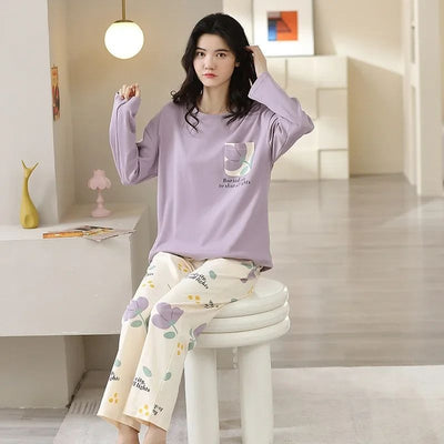 Lilac Flower Pocket Printed Full Sleeves Printed Pajama Sets
