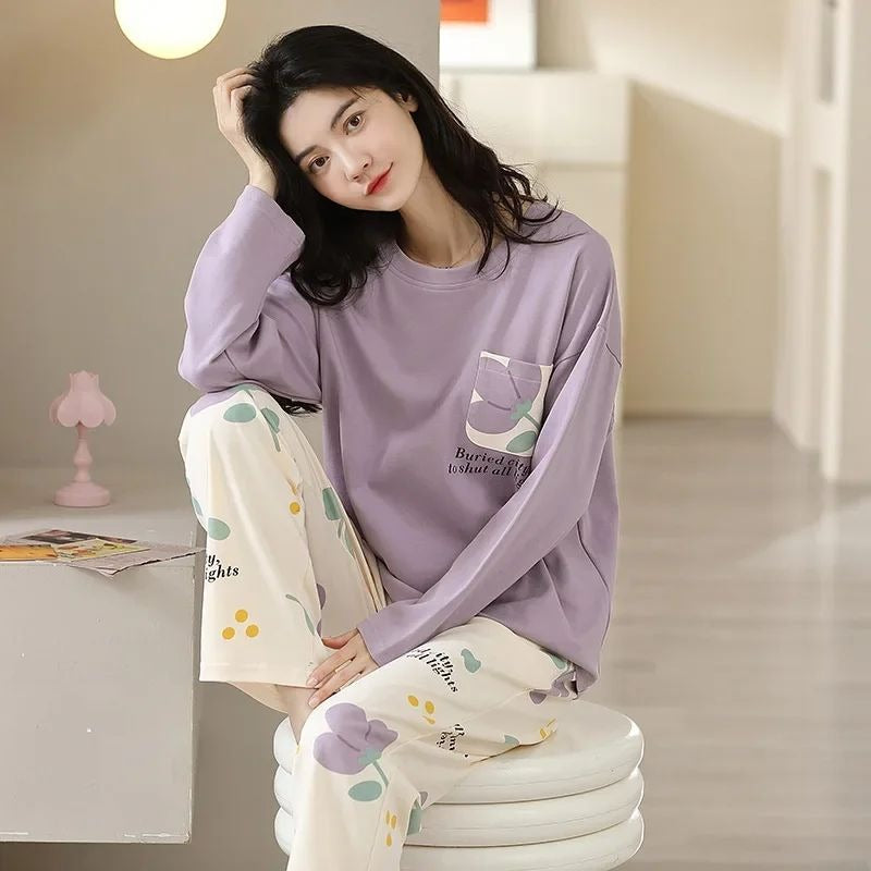 Lilac Flower Pocket Printed Full Sleeves Printed Pajama Sets