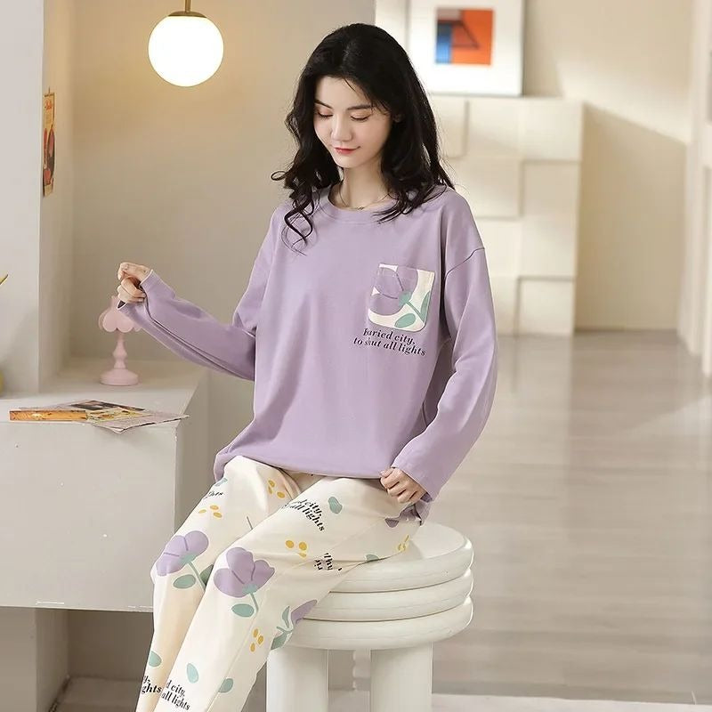 Lilac Flower Pocket Printed Full Sleeves Printed Pajama Sets
