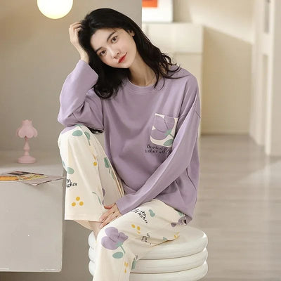 Lilac Flower Pocket Printed Full Sleeves Printed Pajama Sets