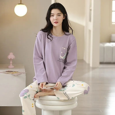 Lilac Flower Pocket Printed Full Sleeves Printed Pajama Sets