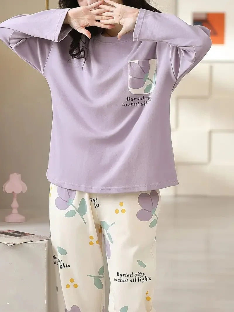 Lilac Flower Pocket Printed Full Sleeves Printed Pajama Sets